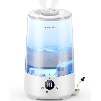 Abbildung von Homvana Luftbefeuchter Schlafzimmer Top Fill, 3.6L 360Cool Mist 34H Dauerhaft, Ruhig 16dB Klein, Kinderzimmer Baby, BPA Free, Aromadiffusor für Pflanzen 7 Color Night Light (Transparent Tank)