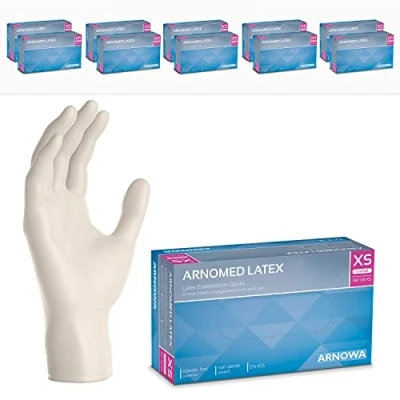 Abbildung von 1000x ARNOMED Einweghandschuhe XS, Latexhandschuhe Weiß (10x100 Stk), puderfrei, Handschuhe Latex Einweg, Putzhandschuhe, Handschuhe, Einmal /Einweg S, M, L &amp; XL