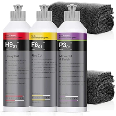 Abbildung von detailmate Koch Chemie Politur Set: Heavy Cut Politur, 250ml + Fine Micro &amp; Finish 2 Mikrofasertücher, 550GSM