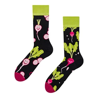 Abbildung von Dedoles Socken Unisex Damen Herren &amp; Kinder Baumwolle viele lustige Designs 1 Paar Geschenk links rechts verschieden, Farbe Schwarz, Motiv Fröhliches Radieschen, Gr. 35 38