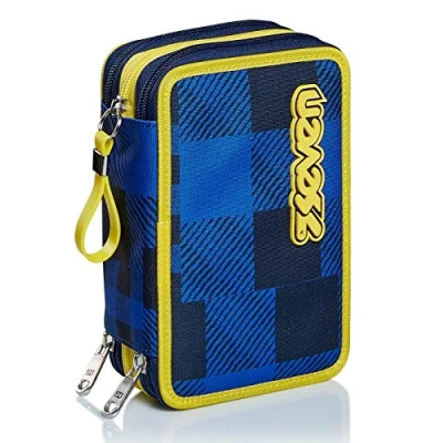 Abbildung von Seven Federmäppchen, Mäppchen, mehrfarbig, Federtasche für Schreibwaren, Etui mit Stiften, Kugelschreiber, &amp; mehr, 3 Fächer, Mädchen Jungen, Schule Grundschule, XXL CHECK gelb/blau kariert