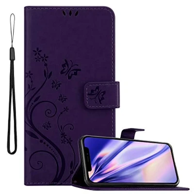 Abbildung von Cadorabo Hülle kompatibel mit Apple iPhone 12 Mini Blumen Design aus Kunst Leder Flip Klappbare Stoßfeste Magnetische [Standfunktion] [Kartenfächern] Cover für Tasche in Lila
