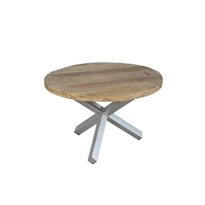 Abbildung von SAM Runder Esszimmertisch 120 cm Runis, Mangoholz massiv &amp; naturfarben, Esstisch im Used Look, silberner Metallfuß in Sternform, aufgedoppelte Tischplatte 50 mm (25+25mm)