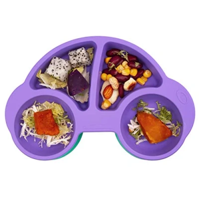 Abbildung von Baby Teller Schüssel Mini Silikon Tischset für Kleinkinder und Kinder Tragbar Rutschfest Babyteller Abwaschbar Spülmaschine, Mikrowelle (Neues Auto Lila)