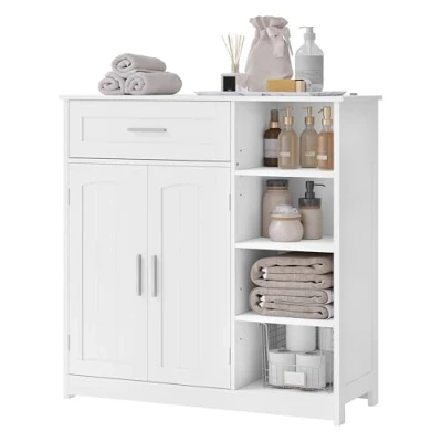 Abbildung von EUGAD Badezimmerschrank, Badschrank schmal, Aufbewahrungsschrank mit 1 Schublade, 2 Türen, verstellbaren Ablagen, Bad Schrank stehend, Kommode Badezimmer, 80x80,5x30 cm, Weiß