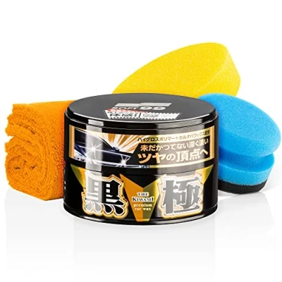 Abbildung von detailmate Wachs Set: Soft99 Extreme Gloss Wax The Kiwami Dark, Carnauba Autowachs Lackversiegelung mit Schwamm, 200g, Mikrofaser Poliertuch 550 GSM, Handpolierschwamm
