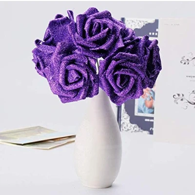Abbildung von TuToy 7ST Kunst Bouquet Glitzer Schaum Kunstblumen Hochzeit Hochzeits Party Dekor DIY Rose Lila