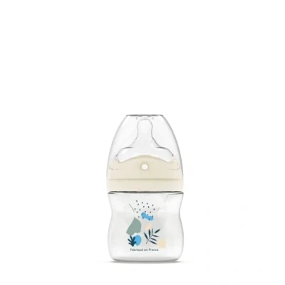 Abbildung von DODIE Flasche mit mehrfachem Loch, Anti Kolik, 150 ml, Blau, 0+ Monate, Biomimikry Sauger, Durchfluss 1
