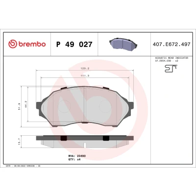 Abbildung von BREMBO P 49 027 Bremsbelagsatz mit akustischer Verschleißwarnung ohne Zubehör MAZDA: 323 F 6, FAMILIA 6