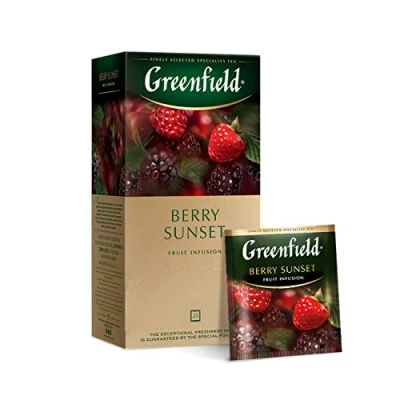 Abbildung von GREENFIELD BERRY SUNSET 25 TEE BEUTEL Kräutertee Brombeerblatt, Apfel, Blaubeere, Hagebutte, Hibiskus Koscher Koffeinfrei EISTEE Ice Tea 50g