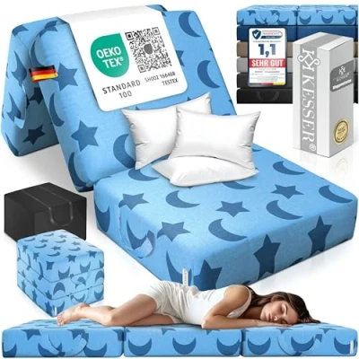 Abbildung von KESSER® Klappmatratze Gästematratze 3 fach Faltmatratze 90cm Breit faltbar zum Sitzhocker Schaumstoff 25kg/m3 extra dick 15cm atmungsaktiv waschbar abnehmbarer Bezug Matratze inkl. Camping Tragetasche