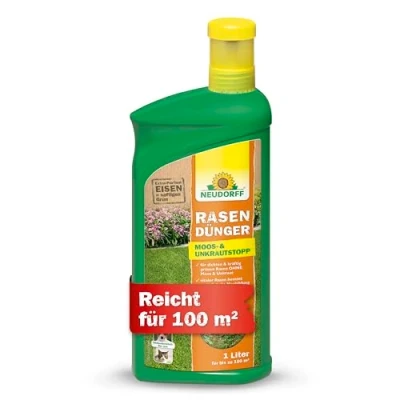 Abbildung von Neudorff Rasendünger Moos &amp; UnkrautStopp mit Eisen und Kalium sorgt für einen dichten, grünen Rasen ohne Unkraut, 1 Liter 100 m²