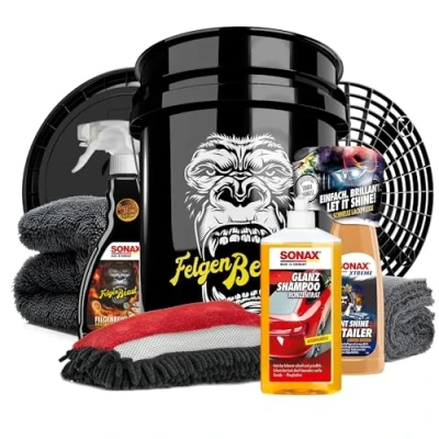 Abbildung von Autowäsche Set SONAX: Autoshampoo Glanz Shampoo Konzentrat Magic Bucket SONAX Felgenbeast Wascheimer mit Deckel &amp; Schmutzfalle, Waschhandschuh Insekten Mesh Autoreinigungsset Aussen