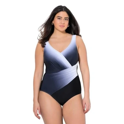 Abbildung von Ulla Popken Damen große Größen Übergrößen Plus Size Badeanzug Dana, Wickel, Verlauf B&amp;W
