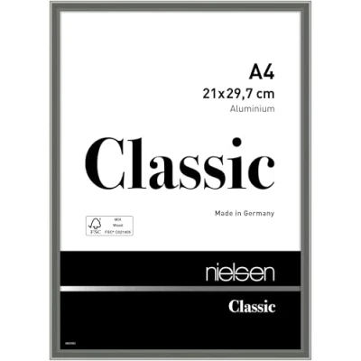 Abbildung von nielsen Bilderrahmen, 21 x 29,7 cm (A4), Aluminium, Grau glanz, Dokumentenrahmen zum Aufhängen im Hoch &amp; Querformat, Echtglas, Classic