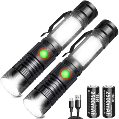 Abbildung von REHKITTZ LED Taschenlampe Extrem Hell 2000 Lumen, 2500 mAh Hochkapazitative USB Wiederaufladbare Multifunktions Taschenformat mit Magnet und COB Arbeitsleuchte,Zoombar Handlampe(2 Stück)