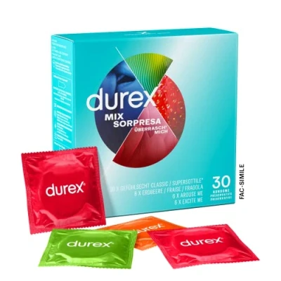 Abbildung von Durex Überrasch Mich Kondome Mix Mischung mit 4 verschiedenen Kondom Sorten zum Ausprobieren 30er Pack (1 x 30 Stück)