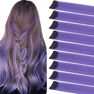 Abbildung von ZHAOWWEI 9 Stück Princess Bunte Erweiterungen Mehrfarbige Party Highlights Streifen Synthetische Haarteile Clip In/Clip On Farbige Haarverlängerungen Coloured Hair Extensions (Lavendel)