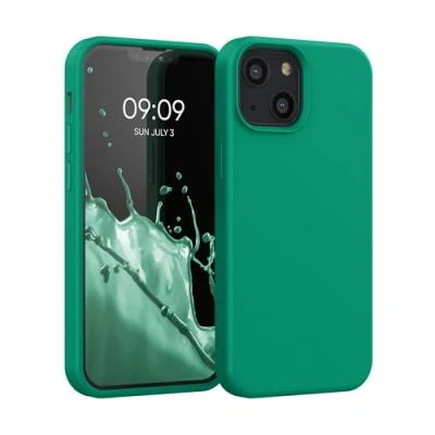 Abbildung von kwmobile Hülle kompatibel mit Apple iPhone 13 Mini Silikon Handy Case Handyhülle weiche Oberfläche kabelloses Laden Smaragdgrün
