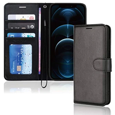 Abbildung von TECHGEAR hülle iPhone 12 Pro Max Leder PU Flip Schutzhülle Ledertasche [Brieftasche] Handyhülle mit Ständer und Handschlaufe Schwarz Kompatible