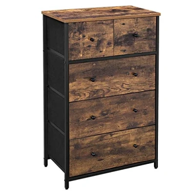 Abbildung von SONGMICS Kommode, Aufbewahrungsschrank mit 5 Schubladen aus Stoff, industrieller Stil, für Wohnzimmer, Eingang, Flur, Kinderzimmer, Braun/Schwarz LGS45H