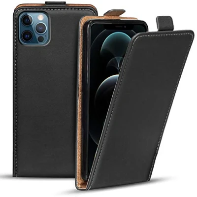 Abbildung von Verco Flip Cover für iPhone 12 Case, Pro Case Flipstyle Schutzhülle Apple 12/12 Hülle [6.1 Zoll] Kunstleder Tasche vertikal klappbare Handyhülle, Schwarz