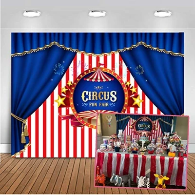 Abbildung von Mehofoto Zirkus Foto Hintergrund 7x5ft Rosa und Weiß Streifen Blau Vorhang Backdrops Kinder Party Dekoration Fotografie