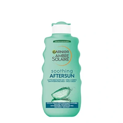 Abbildung von Garnier Ambre Solaire After Sun Milch, für Gesicht und Körper, erfrischende Wirkung genährte Haut, ideal alle Hauttypen, angereichert mit Aloe Vera, 200 ml
