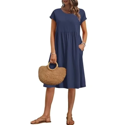Abbildung von AUSELILY Damen Kurzarm Knielange Sommerkleider Sommer Lockeres Freizeitkleider Empire Kleider mit Taschen Marineblau L