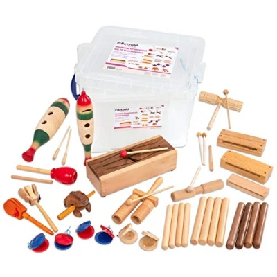 Abbildung von Betzold Musik Gruppenset mit 25 Holz Instrumenten Claves, Trommeln, Holzklänge, inkl. Box