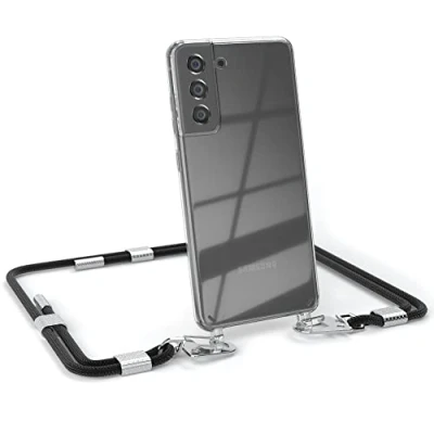 Abbildung von EAZY CASE kombinierbare Handyketten kompatibel mit Samsung Galaxy S21 FE 5G, Transparente Silikon Hülle stylischen Umhängeband, Abnehmbarer Karabiner, Umhängetasche, Schwarz Clips Silber