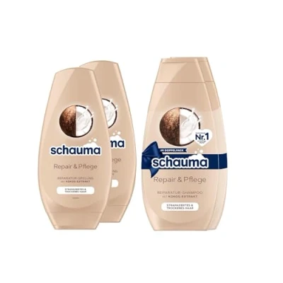 Abbildung von Schauma Shampoo Repair &amp; Pflege 2er Pack (1x 2x400 ml) sorgt für Geschmeidigkeit, Reparatur strapaziertes trockenes Haar Spülung (2x 250 Haarspülung mit Kokos Extrakt