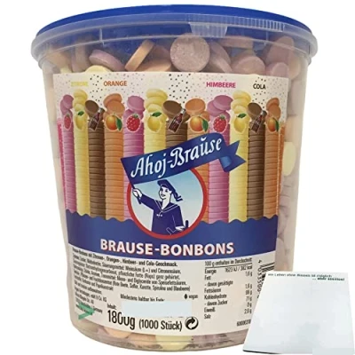 Abbildung von Ahoj Brause Bonbons Brauseplättchen mit Zitronen Orangen Himbeer Cola Geschmack 1000er (1800g) + usy Block