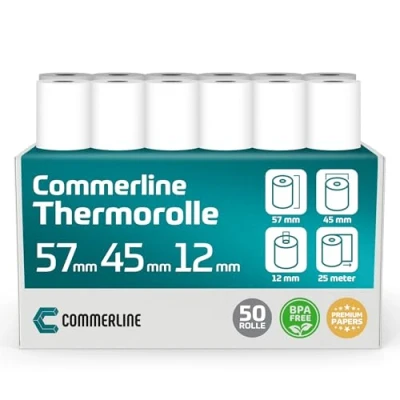 Abbildung von Commerline Thermorollen 57mm x 45mm 12mm, 25 Meter, 50 Rolle, Ec rollen, Bonrollen gerät, Thermopapier, Kassenrollen