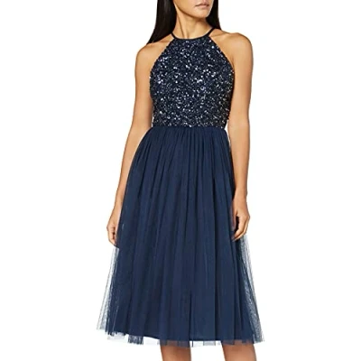 Abbildung von Maya Deluxe Damen Embellished Halter Neck Midi Bridesmaid Dress, Navy, 38 EU