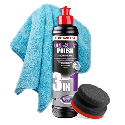 Abbildung von detailmate Einsteiger Auto Politur Set Menzerna Medium Cut One Step Polish 3 in 1 + Garage Freaks Applikations Schwamm Polierpuk Mikrofaser Poliertuch langflorig