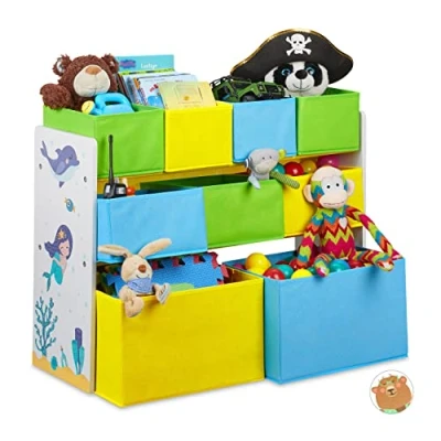 Abbildung von Relaxdays Kinderregal mit 9 Stoffboxen, Meerjungfrau Kindermotiv, Spielzeugregal Organizer HBT 66 x 82,5 29,5 cm, bunt, 1 Stück