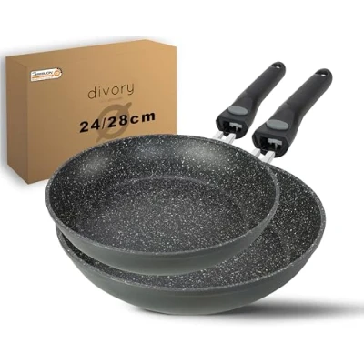 Abbildung von DIVORY Pfannenset 2 teilig Pfanne 24cm, 28cm mit abnehmbaren Griff, Induktion, Antihaft Beschichtete Bratpfanne hoch Induktionspfannen Set
