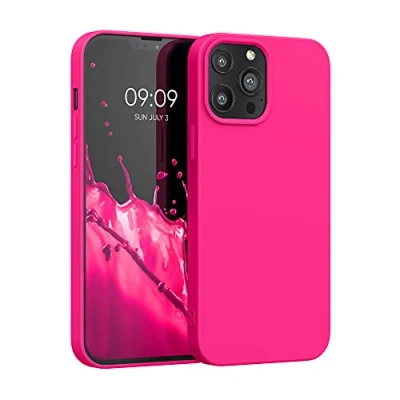 Abbildung von kwmobile Hülle kompatibel mit Apple iPhone 13 Pro Max gummierte TPU Silikon Handyhülle Schutzhülle für kabelloses Laden Case in Neon Pink