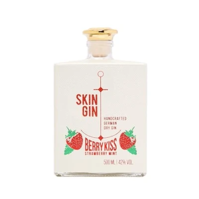 Abbildung von Skin Gin Handcrafted German Berry Kiss Manufaktur aus dem Alten Land Erdbeere, marokkanische Minze, Zitrusfrüchte 42% 500ML