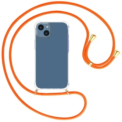 Abbildung von mtb more energy® Handykette kompatibel mit iPhone 15 Neon Orange/Goldfarbene Ösen Smartphone Hülle zum Umhängen Anti Shock Full TPU Case
