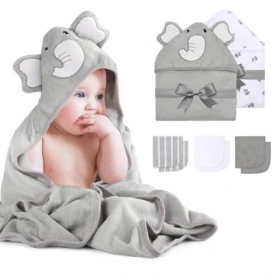 Abbildung von momcozy Baby Badetuch Set, 8 teiliges Babyhandtuch 2X Kapuzenhandtuch 76X76 cm und 6X Waschlappen 24x24cm, mit Kapuze für Neugeborene, Weich &amp; Super Saugfähig, Unisex