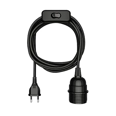 Abbildung von ledscom.de Textilkabel LEKA, Stecker, Schalter, schwarz, 3 m, Lampen Fassung, 1x E27 max. 60W, Kabel, Lampenkabel, Kabellampe, E27, Seil, Pendelleuchte, Lampenfassung,