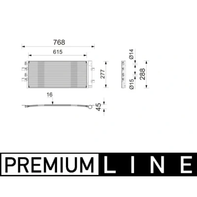 Abbildung von MAHLE ORIGINAL AC 1214 000P Klimakondensator ohne Dichtung mit Trockner 14mm 15,35mm 615mm