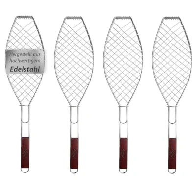 Abbildung von 4 x Fisch Grillhalter Edelstahl groß mit Holzgriff VonBueren 62,5 15,5 cm Fischgrillgitter Fischzange zum Grillen Fischgriller Grillkorb