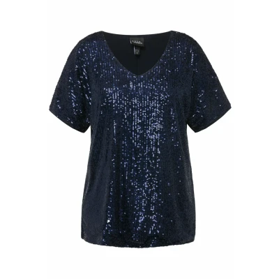 Abbildung von Ulla Popken À PAILLETTES, COL EN V ET Manches Courtes Tshirt print, Damen, Größe: 42/44, Marine