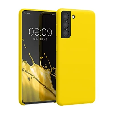 Abbildung von kwmobile Hülle kompatibel mit Samsung Galaxy S21 Silikon Handy Case Handyhülle weiche Oberfläche kabelloses Laden Strahlend Gelb