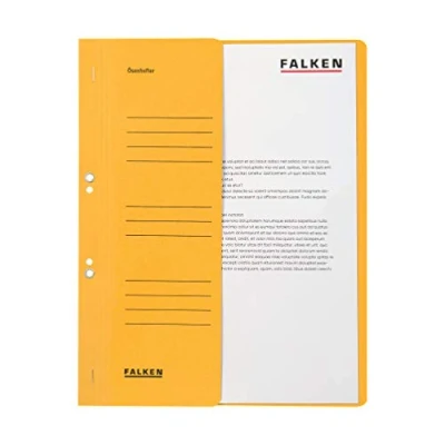 Abbildung von Original Falken 50er Pack Ösenhefter. Made in Germany. Aus Recycling Karton mit halbem Vorderdeckel und Behördenheftung für DIN A4 gelb Hefter Sammelmappe Blauer Engel
