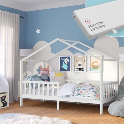 Abbildung von Bellabino Bia Kinderbett 80x160 cm Hausbett mit Matratze, Rausfallschutz &amp; Lattenrost Montessori Kinder Bett aus Massivholz Kiefer Kinderhausbett in Weiß für Jungen und Mädchen