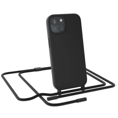 Abbildung von EAZY CASE Handykette kompatibel mit iPhone 15 dünne Handyhülle für Hülle Band als Fallschutz Kette zum Umhängen stoßeste Silikon Mikrofaser in Schwarz